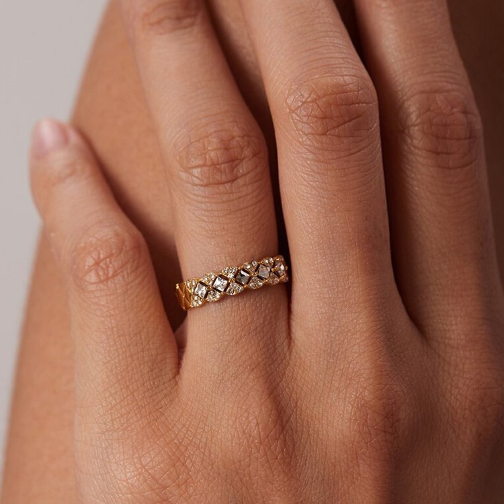 Zircon Lattice Texture Flower Ring 18K Gold Adjustable - Picture 3 of 10